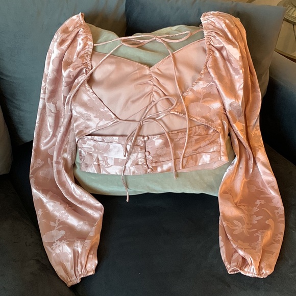 Vici Satin Embossed Open Back Crop Blouse - Picture 9 of 10